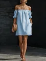 Close-up detail of a light blue off-the-shoulder summer dress in cotton linen fabric - S / Dresses / Blue