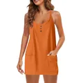 Detail view of women's orange sleeveless sundress featuring decorative buttons and pockets - Orange