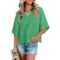 Women's casual summer loose green T-shirt featuring round neck and bell sleeves. - S / Tops / Green