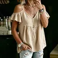 Casual beige cold shoulder top featuring ruffle sleeves and a stylish V-neckline detail - 2XL / Tops / Khaki