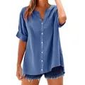 Casual blauw damesshirt met korte mouwen, een opstaande kraag en een losse pasvorm - 3XL / Tops / Blauw