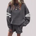 Comfortable dark gray two-piece sweatshirt and shorts set with white stripes on sleeves - Dark Gray