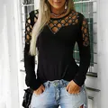 Detail shot of elegant black long sleeve T-shirt with hollow-out rhinestone neckline - S / Tops / Black