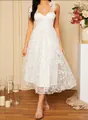 Elegant white lace patchwork camisole dress with V-neck and puffed mesh skirt. - S / Dresses / White