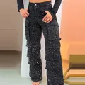 Women's high waist denim cargo pants featuring sparkling rhinestones in trendy black - Gray