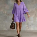 Elegant purple V-neck tiered mini dress with bell sleeves for summer vacation - S / Dresses / Purple