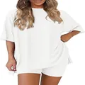 Detailed view of women's white casual loungewear set with loose tee and high waist shorts - S / Top And Bottom / White