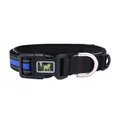 Detail of black reflective pet collar with blue stripe and heavy-duty buckle. - S / Blue
