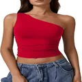 Detailansicht eines roten, sexy bauchfreien Damen-Tops mit einer Schulter und engem Schnitt - Rot