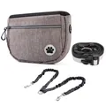 Portable gray fabric dog training treat bag with paw print logo, belt, and leash - Paw Print & Double Leash Set / Premium Grey