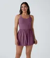Detail view of a comfortable sleeveless purple romper with a gathered elastic waist. - S / Purple