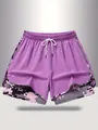 Close-up of purple women's athletic shorts with drawstring and camo inner layer. - S / Bottoms / Purple