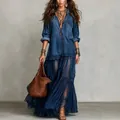 Retro blue denim-look maxi dress featuring lapel collar and sheer tiered skirt detail - Dark Blue