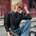 Elegant retro black puff sleeve shirt in matte satin fabric for a classic vintage look - S / Tops / Black