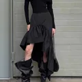 Chic black asymmetric ruffle skirt with high-waist A-line design for trendy spring wear - S / Black