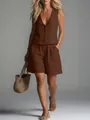 Elegantes Set aus ärmelloser Weste und weiten Shorts in Dunkelbraun aus Baumwoll-Leinen - Kaffeebraun