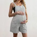 Grey ribbed knit maternity romper overalls jumpsuit with pockets for casual summer wear - S / Dresses / Gray