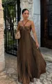 Elegant brown pleated halter maxi dress with a flowing skirt and strapless design - S / Dresses / Dark Brown