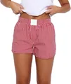 Detailed front view of women's red and white vertical striped casual pajama shorts - S / Bottoms / Red Stripes