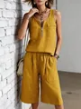 Dames casual mosterdgeel tweedelig setje met mouwloze rits top en wijde korte broek - S / Boven- En Onderstuk / Geel
