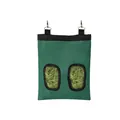 Green fabric hay feeder bag with two feeding holes and metal clips for small pets - Green S Size / 2 Holes