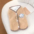 Close-up view of warm fleece-lined cat vest featuring a leash D-ring and cute puppy patch - S / Khaki