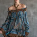 Elegant retro blue leopard print off-shoulder mini dress with long sleeves and ruffles - S / Dresses / Blue