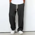 Men's dark grey waffle texture straight leg sweatpants with white drawstring waist - S / Bottoms / Black