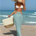 Sexy light blue crochet beach cover-up long skirt with side tie hollow out design - S / Bottoms / Light Blue