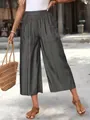 Casual dark grey wide-leg culottes with elastic waist and side pockets for summer wear - Gray