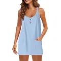 Close-up view of women's casual light blue sleeveless dress with button details and pockets - Blue