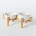 Cuencos de cerámica con huella de pata y soporte elevado de bambú para mascotas - Cuenco Mediano Bajo y Alto + Soporte Elevado Simétrico