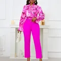 Elegant floral print tie-neck blouse and magenta high-waisted trousers two-piece set - S / Top And Bottom / Rose Red