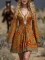 Klassisches orangefarbenes bedrucktes Boho-A-Linien-Kleid mit V-Ausschnitt und Langarm - S / Kleid (YK955) / Orange