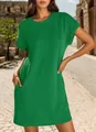 Detail of vibrant green short sleeve dress featuring round neck and rolled cuffs. - S / Dresses / Dark Green