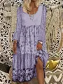Macro detail of lavender tiered maxi dress with delicate floral print and long sleeves - S / Dresses / Purple