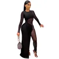 Sexy black rhinestone sheer mesh jumpsuit with side slit skirt for parties. - S / Set / Black