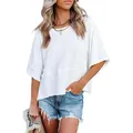 Casual women's white loose fit T-shirt featuring flare half sleeves and round neckline - White