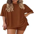 Women's brown oversized round neck T-shirt and high waist biker shorts lounge set - S / Top And Bottom / Caramel color