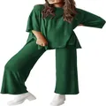 Detailed view of women's solid green two-piece lounge set with loose top and pants - Dark Green