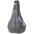 Detail view of an adjustable dark grey pet sling carrier with a buckle strap. - Adjustable Buckle Bag / Dark Gray