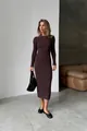 Elegant dark brown ribbed knit bodycon midi dress featuring long sleeves and crew neck - S / Dresses / Red Brown