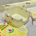Open top cream yellow cat litter box with high sides, includes scoop, 38x38x18cm size - Printed Handle Style / With Scoop / Cream