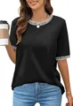 Close-up detail of a black crewneck t-shirt with striped ribbed collar and cuffs - S / Tops / Black
