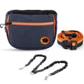 Grand sac à friandises pour chien avec ceinture réglable et laisse élastique bungee - Ensemble Empreinte & Double Laisse / Bleu profond