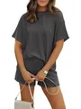 Detail view of a women's grey striped two-piece set featuring a round neck T-shirt - S / Top And Bottom / Black