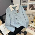 Light blue polka dot knit cardigan featuring a white lapel collar and musical note badge. - One Size / Tops / Blue