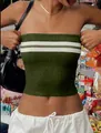 Sexy slim fit green knitted tube top with white horizontal stripes for summer beach wear - S / Tops / Olive Green