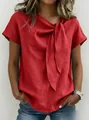 Casual red short-sleeve women's blouse with neck bow detail made of polyester fabric - S / Tops / Red