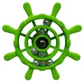 Detail view of a green ship wheel parrot toy featuring rotating silver beads inside - Round Head Green (White Beads)